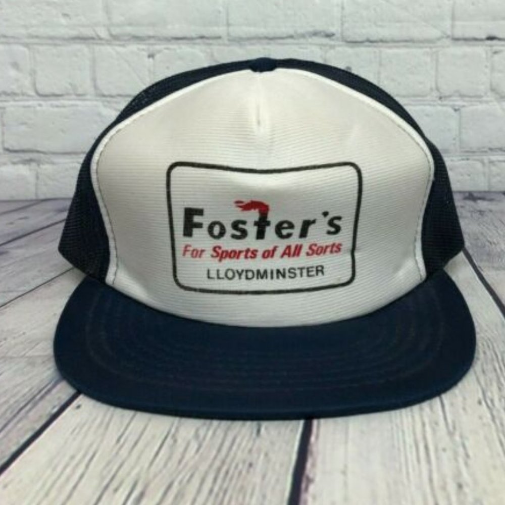 Vintage Trucker Hat Mesh Foster's For Sports of All Sorts Cap Navy Cracked Bill